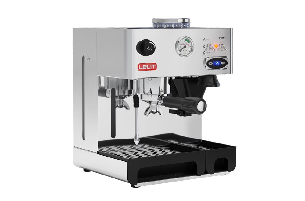 Angled view of the Lelit Kate PL82T combi espresso machine, highlighting the side steam knob, built-in grinder, and compact stainless steel design.
