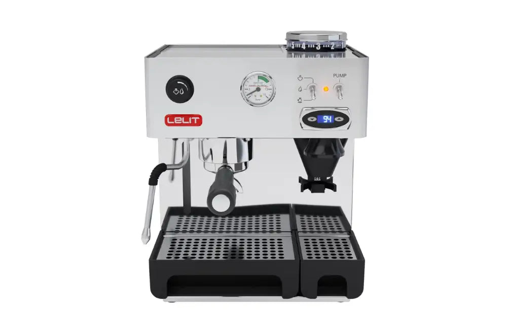 Front view of the Lelit Anita PL042TEMD espresso machine featuring a built-in coffee grinder, classic toggle switches, and a digital PID temperature display.