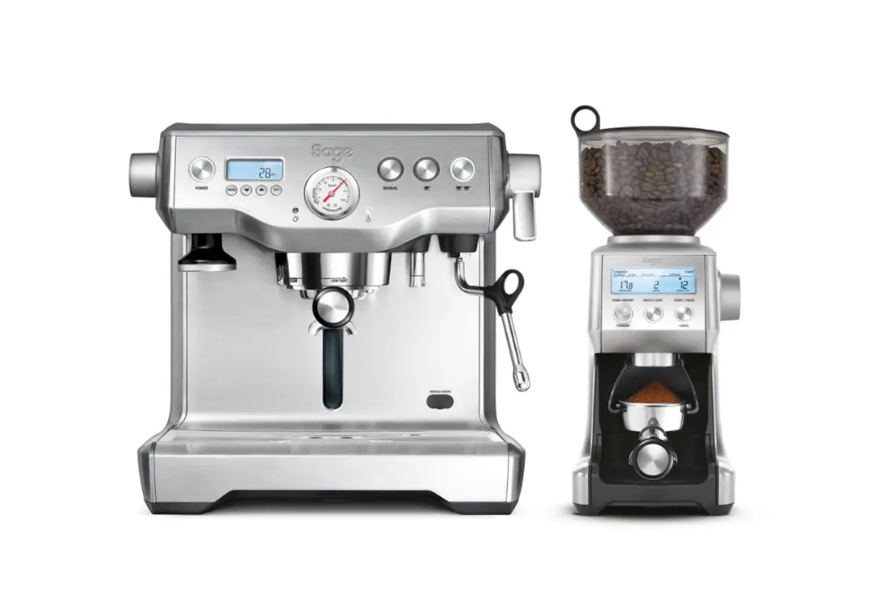 Front view of the Sage Dynamic Duo espresso machine and matching grinder set in brushed stainless steel.