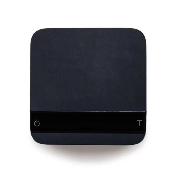Front view of the Acaia Lunar espresso scale in black with sleek black touch panel.