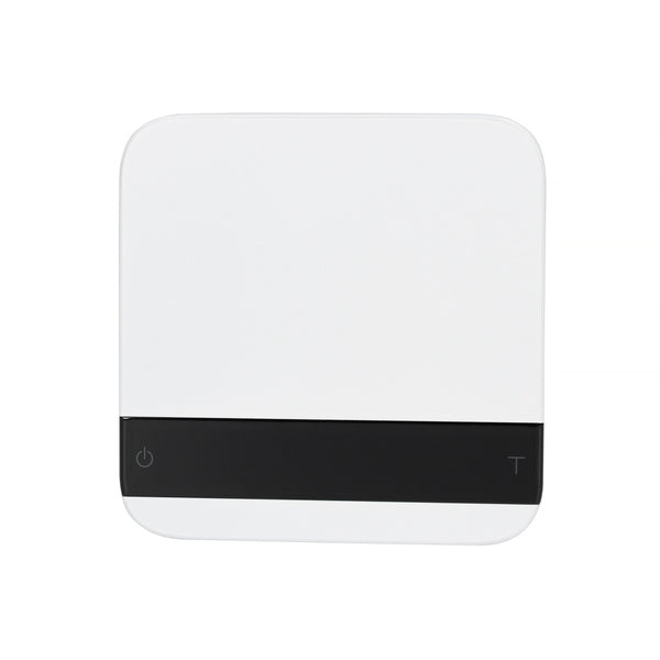 Front view of the Acaia Lunar espresso scale in grey with sleek black touch panel.