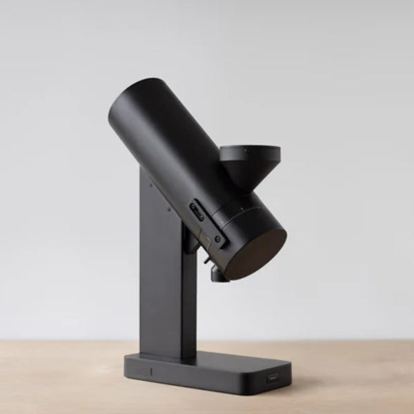 Acaia Orbit Coffee Grinder in matte black finish shown from the side profile