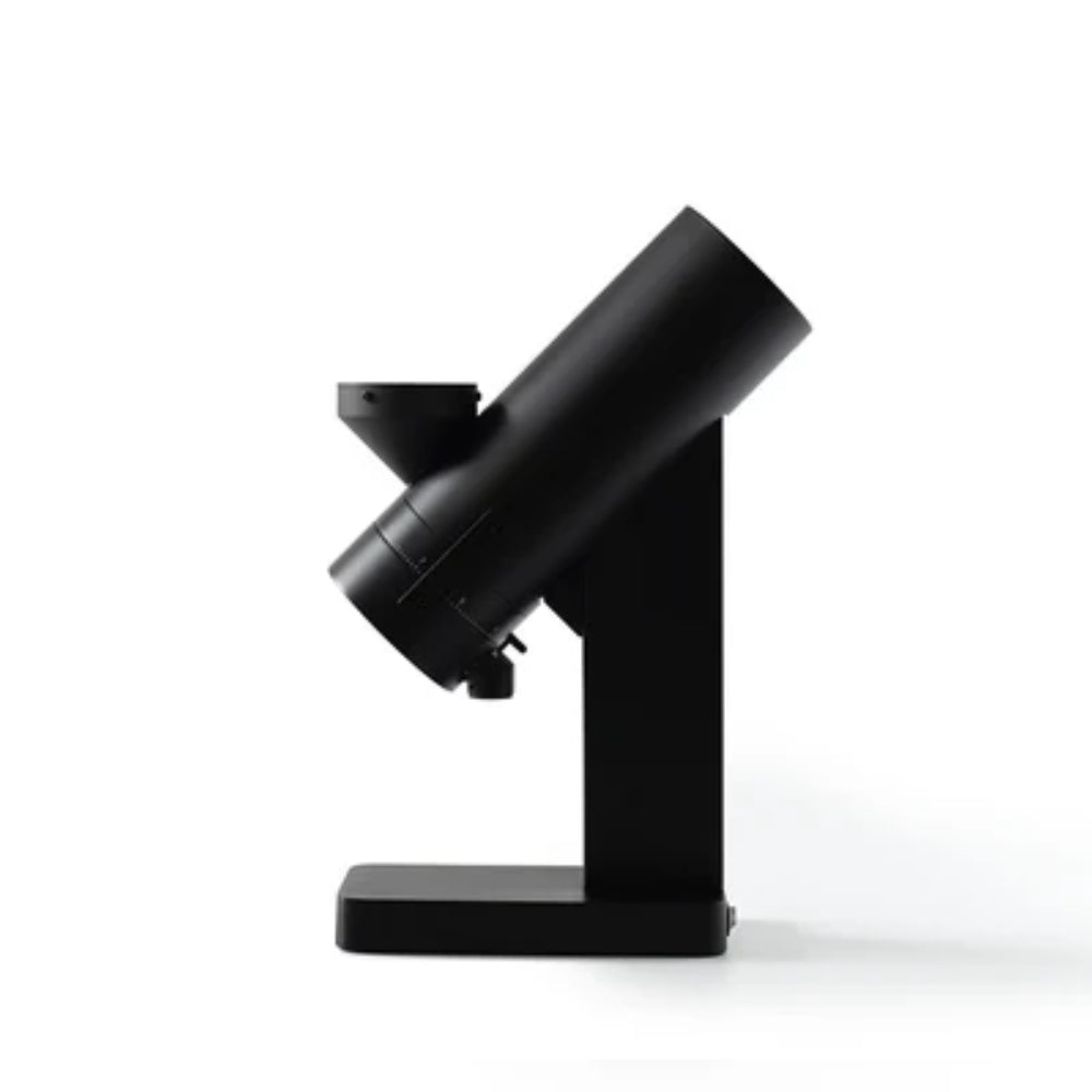 Front view of the Acaia Orbit Coffee Grinder in black with modern minimalist design.