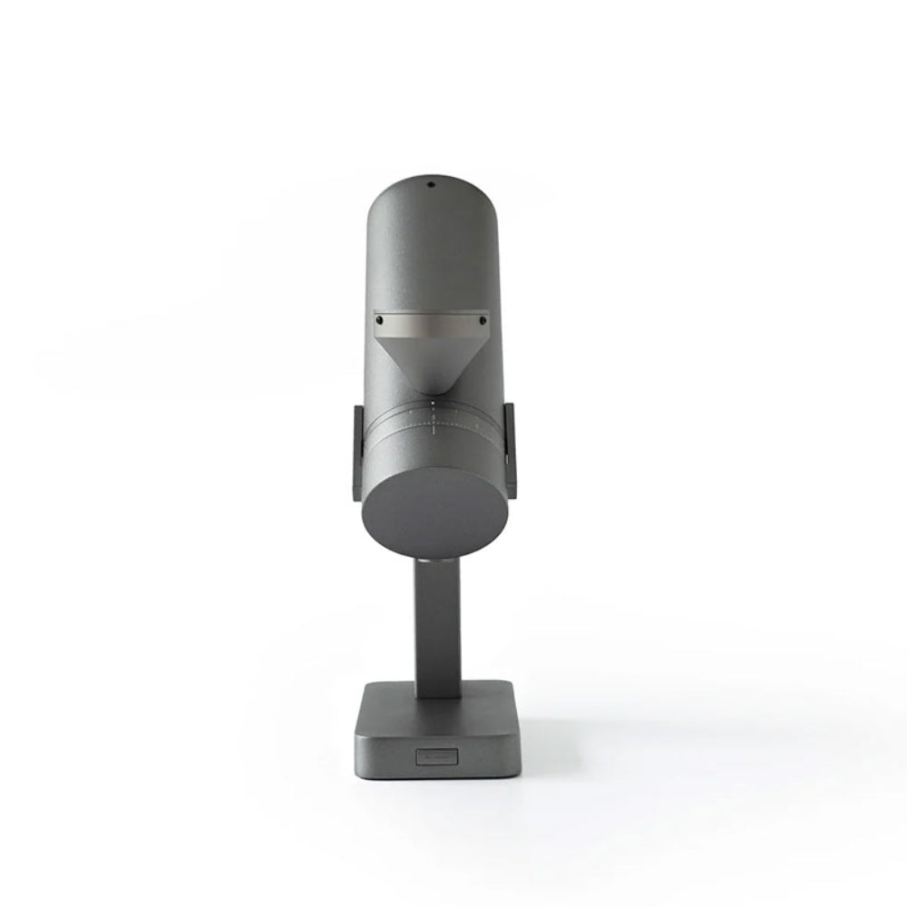 Front view of the Acaia Orbit Coffee Grinder SSP in matte grey finish, showcasing its minimalist vertical design.