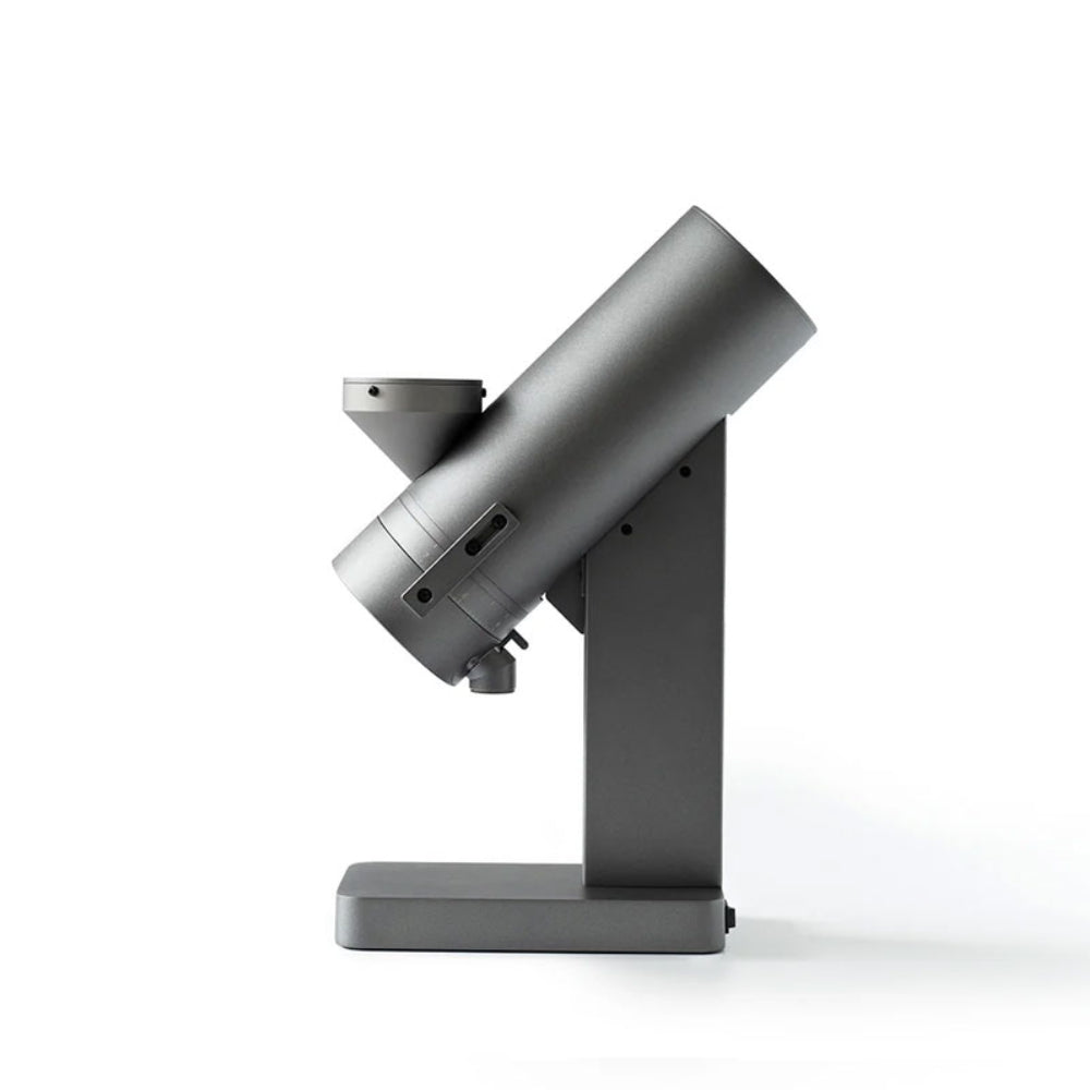 Side profile of the Acaia Orbit Coffee Grinder SSP highlighting its tilted cylindrical body on a sturdy stand.