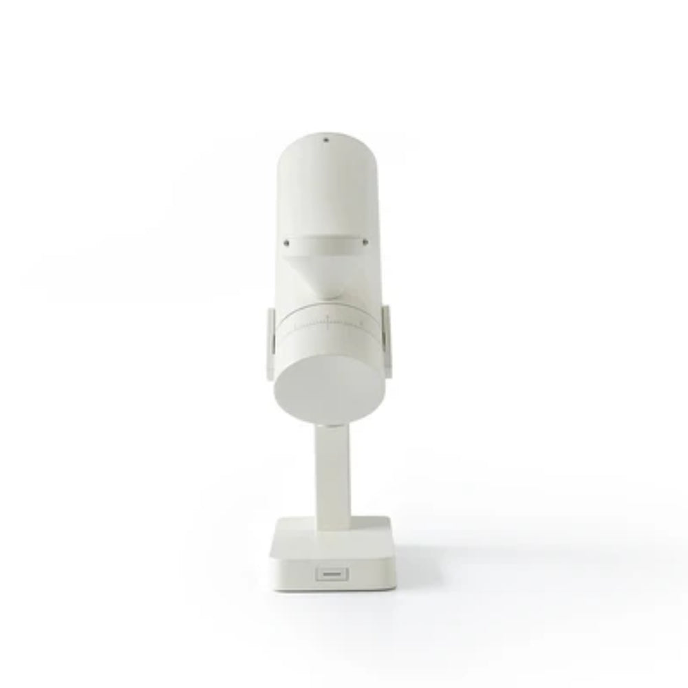 Front view of the Acaia Orbit Coffee Grinder in white with modern minimalist design.