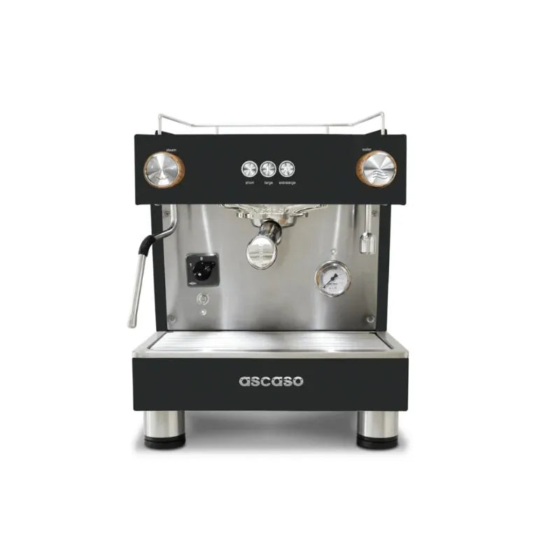 Front view of the Ascaso BAR 1 group espresso machine with black and stainless steel finish