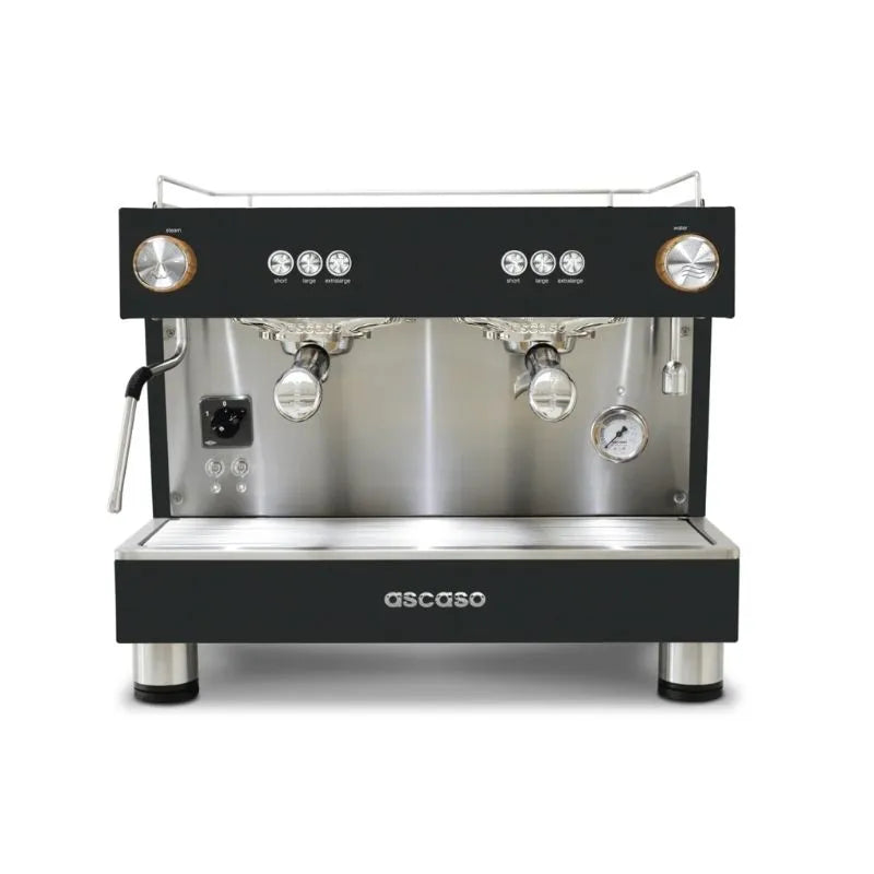 Front view of the Ascaso BAR 2 group espresso machine with black and stainless steel finish