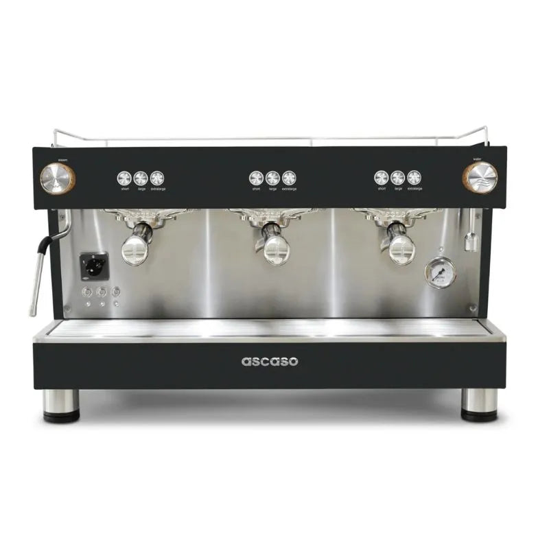Front view of the Ascaso BAR 3 group espresso machine with black and stainless steel finish