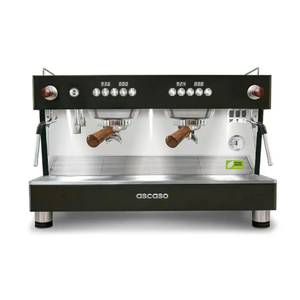 Front view of the Ascaso Barista T One 2-group espresso machine in black with joystick and dual steam wands, designed for professional coffee brewing.
