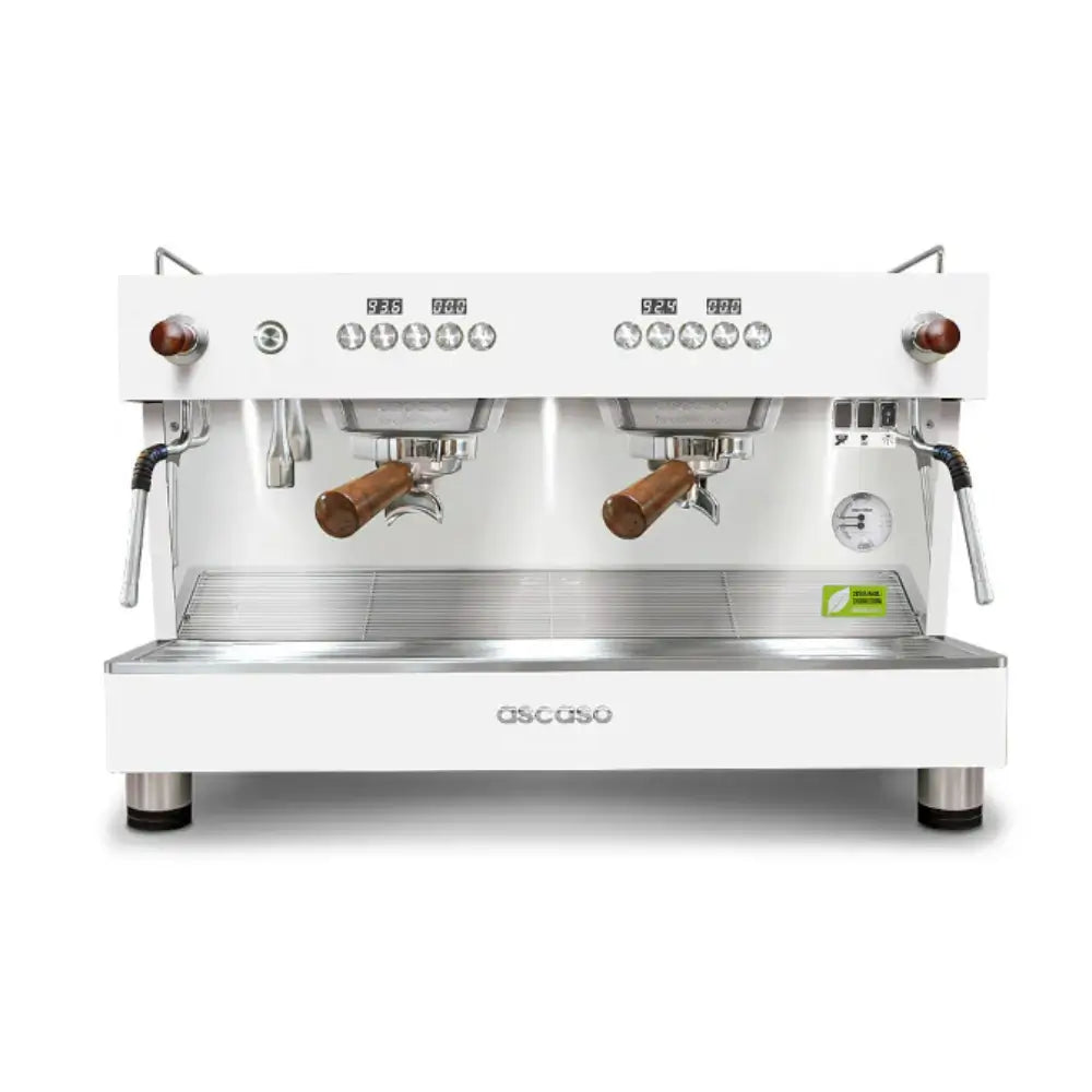 Front view of the Ascaso Barista T One 2-group espresso machine in white with joystick and dual steam wands, designed for professional coffee brewing.