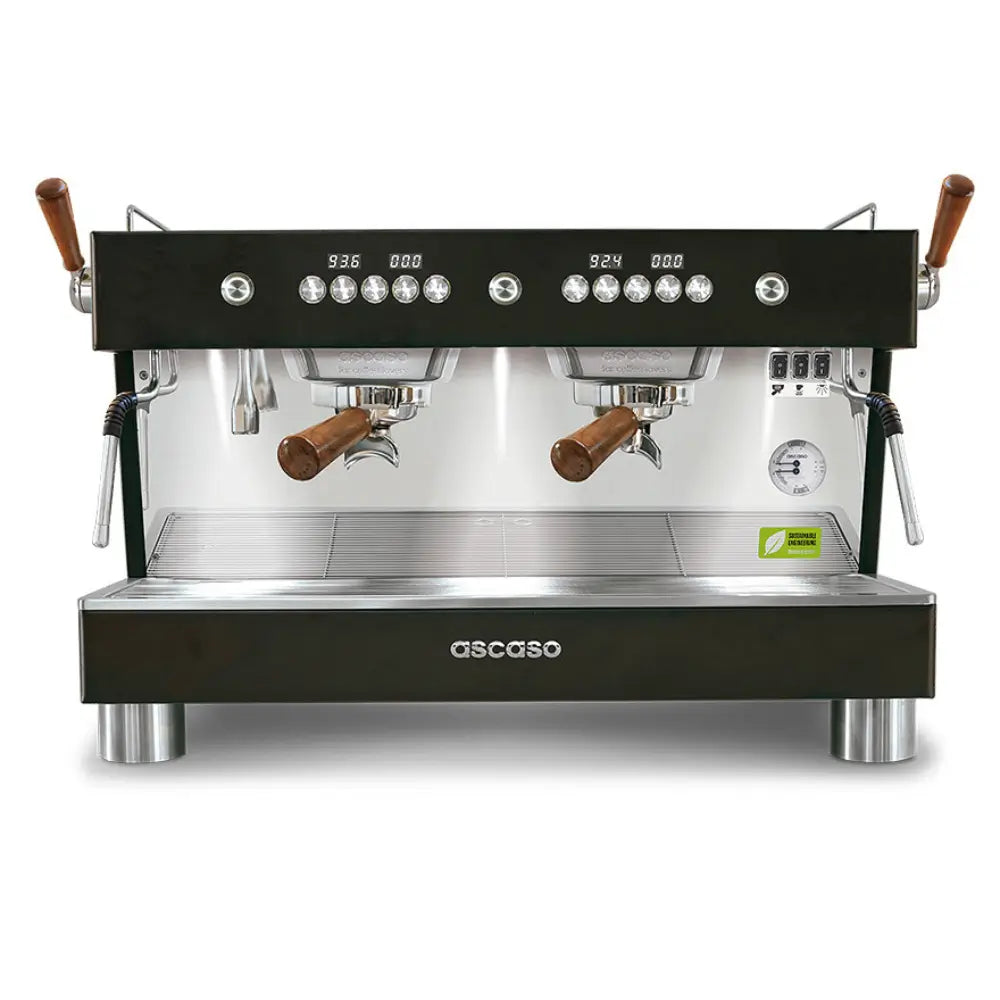 Front view of the Ascaso Barista T Plus 2-group espresso machine in black with dual wooden-handled portafilters and stainless steel finish.