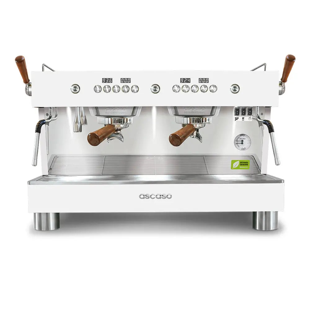 Front view of the Ascaso Barista T Plus 2-group espresso machine in white with dual wooden-handled portafilters and stainless steel finish.