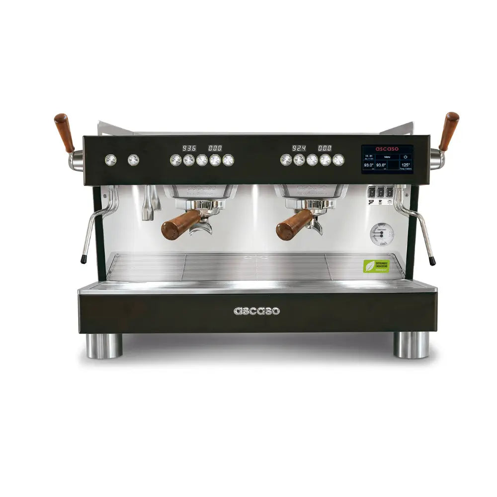 Front view of the Ascaso Barista T Pro 2 group espresso machine in black with portafilter and digital displays.