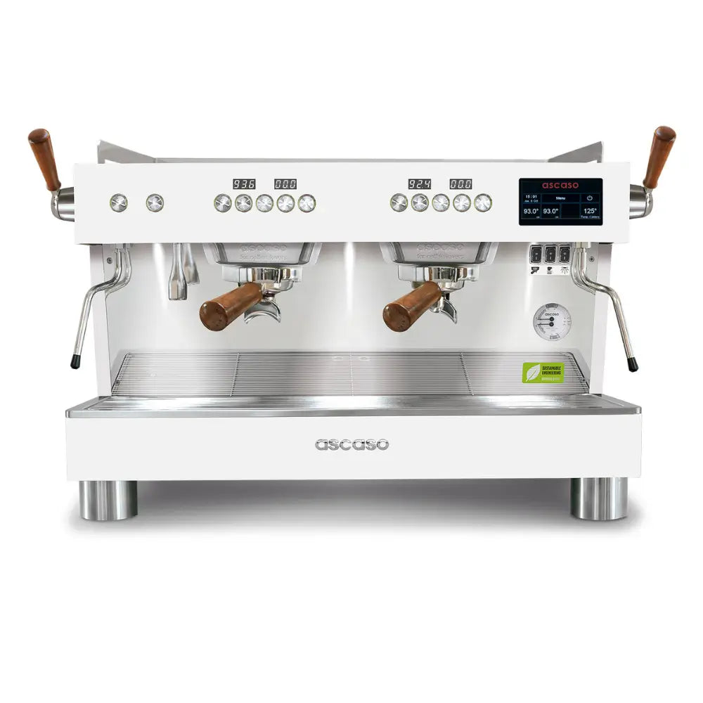 Front view of the Ascaso Barista T Pro 2 group espresso machine in white with portafilter and digital displays.