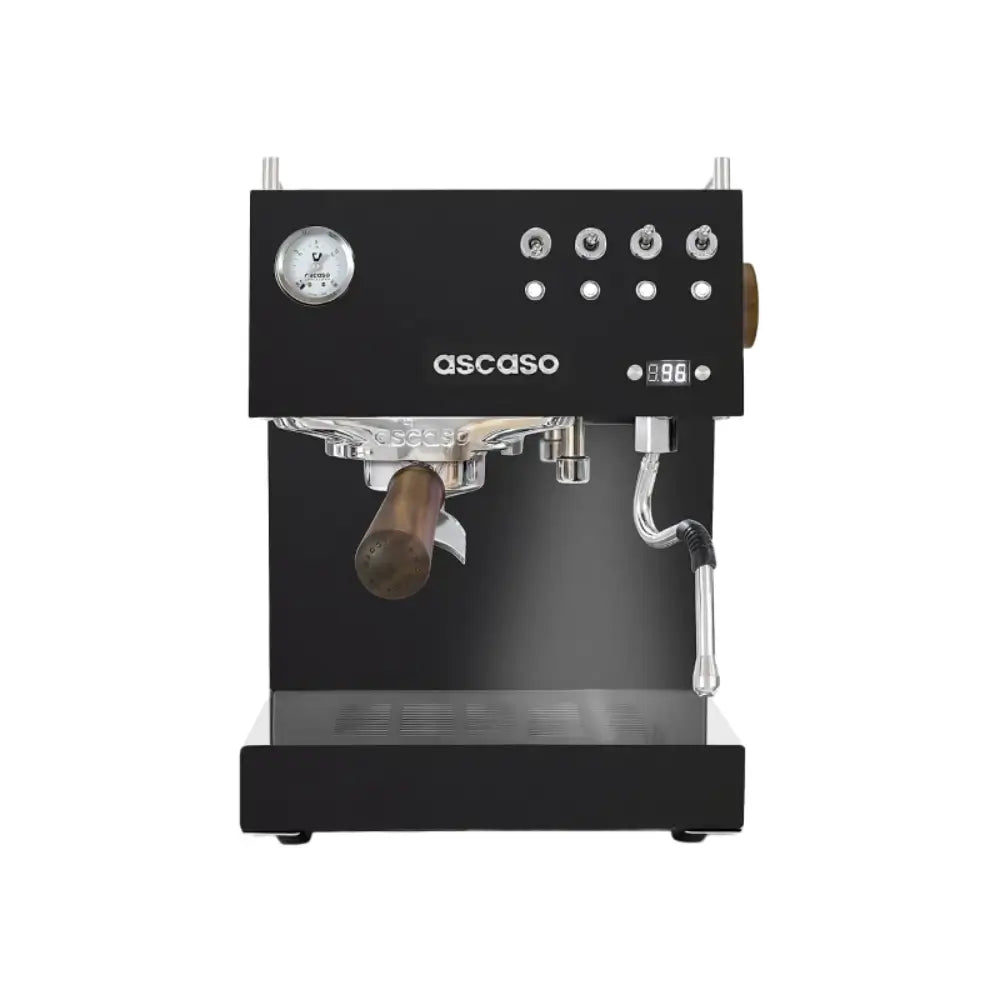 Front view of the black Ascaso Steel DUO PID espresso coffee machine, highlighting the retro toggle switches, pressure gauge, and wooden portafilter handle.