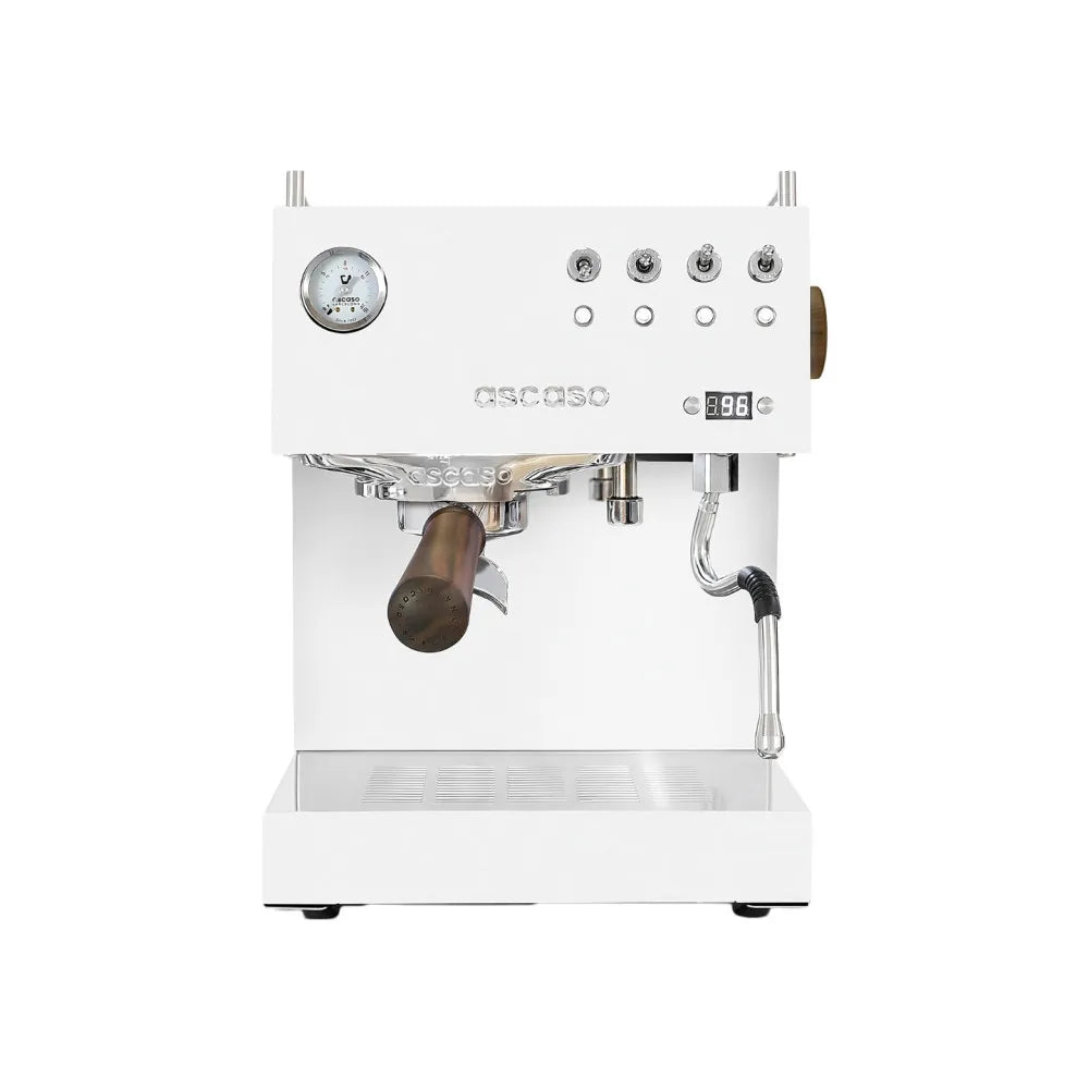 Front view of the white Ascaso Steel DUO PID espresso coffee machine, highlighting the retro toggle switches, pressure gauge, and wooden portafilter handle.