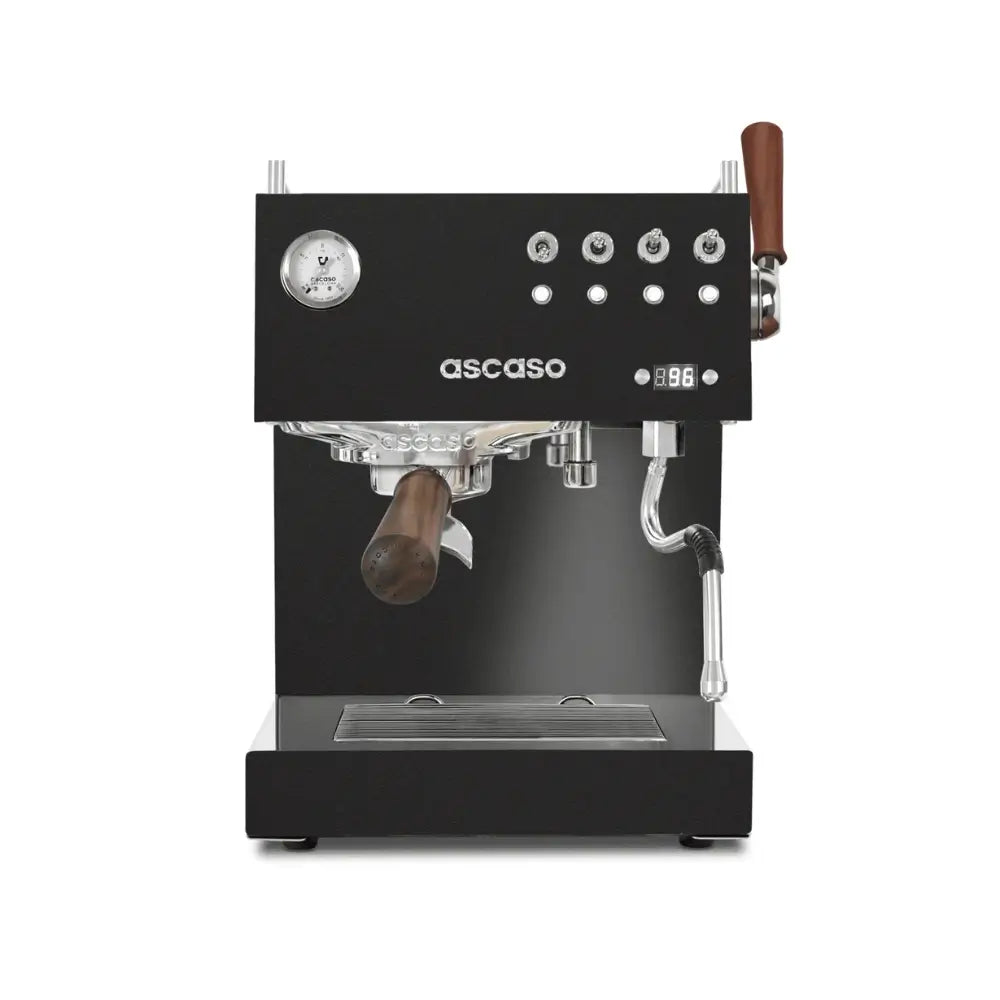 Front view of Ascaso Steel DUO PID espresso coffee machine in black with wooden handle
