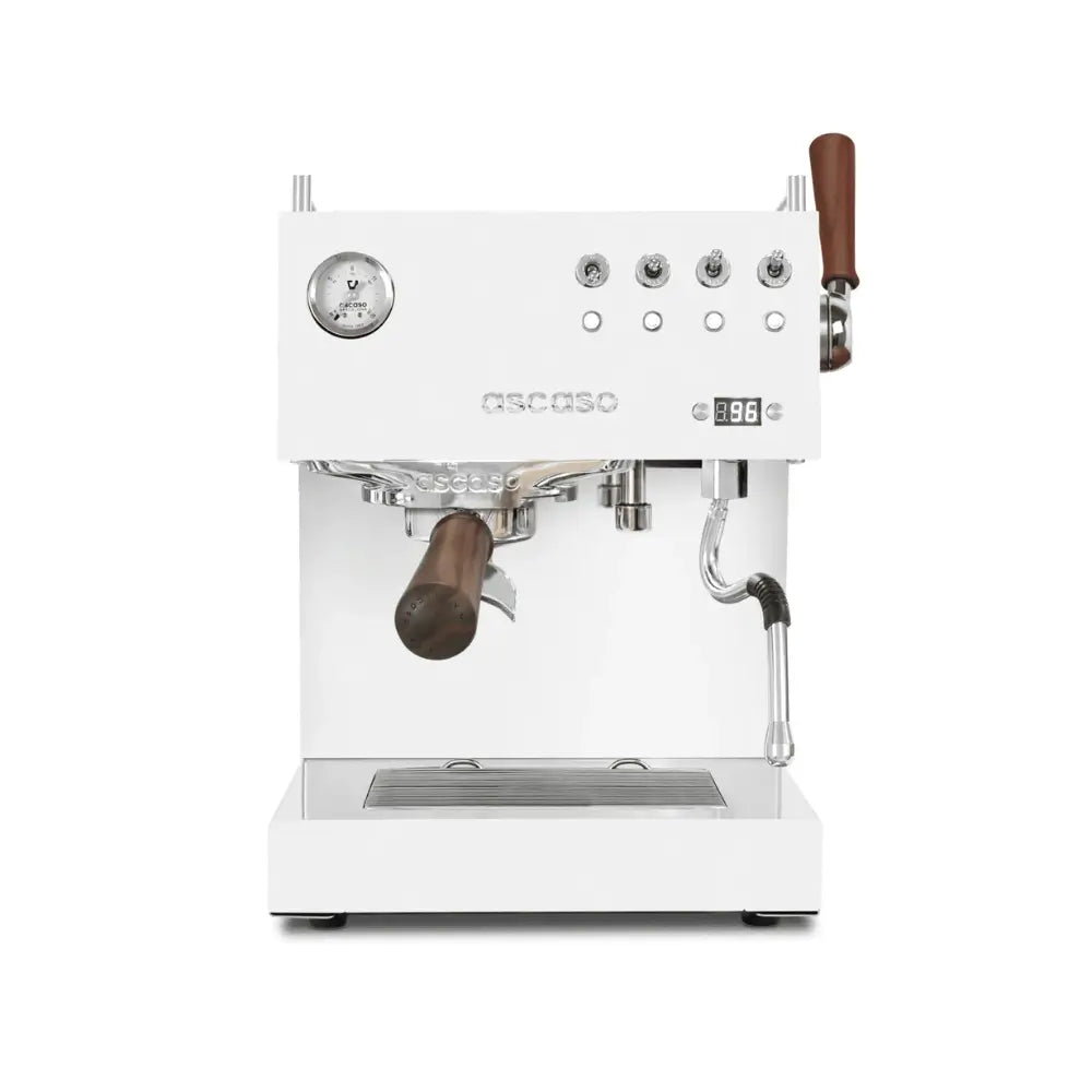 Front view of the Ascaso Steel DUO Plus PID espresso coffee machine in white finish with wooden portafilter handle, steam wand, and digital temperature display