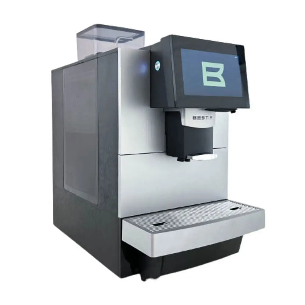 Side angle of Bestir BM50 coffee machine in silver and black finish.