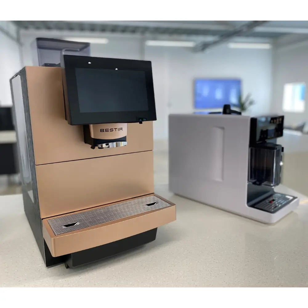 Bestir BM50 bean-to-cup coffee machine in gold finish with touchscreen.