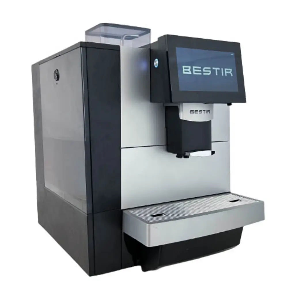 Side angle of Bestir BM50 coffee machine in silver and black finish.