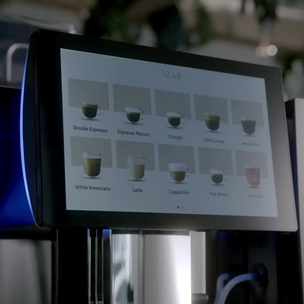 Touchscreen of Bestir BM80 showing multiple drink options including espresso and cappuccino.