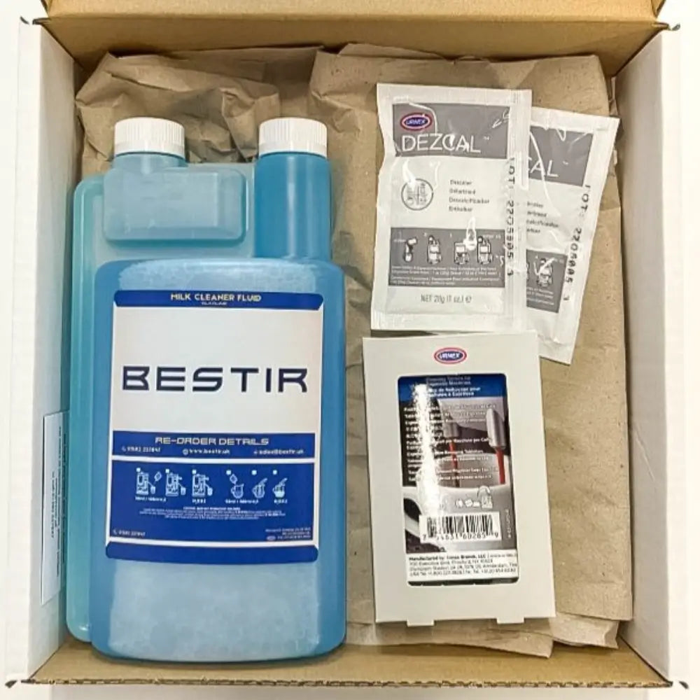 Bestir coffee machine cleaning kit contents including milk cleaner fluid, descaler sachets, and accessories.