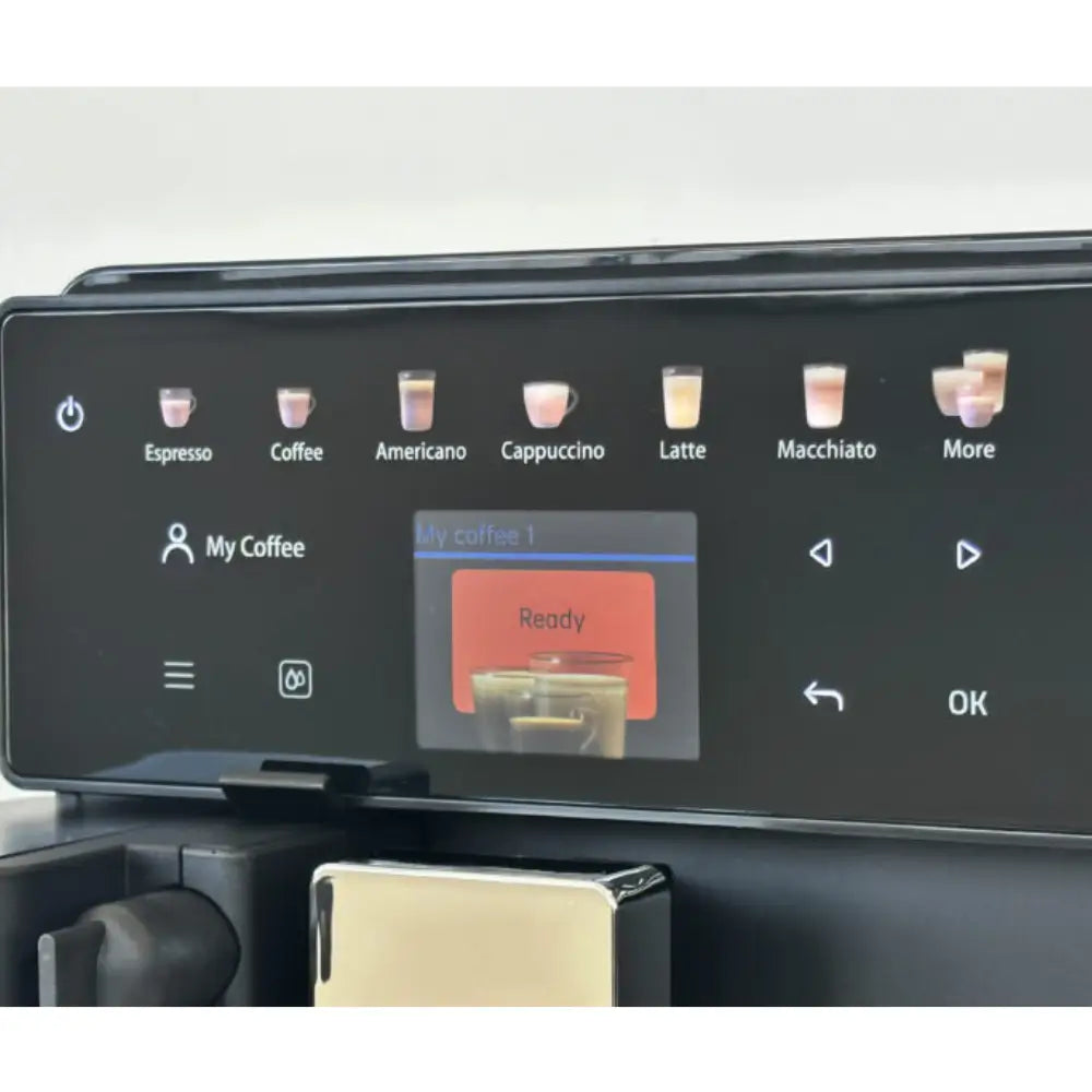 Digital drink selection menu of Bestir Melange coffee machine showing multiple beverages.