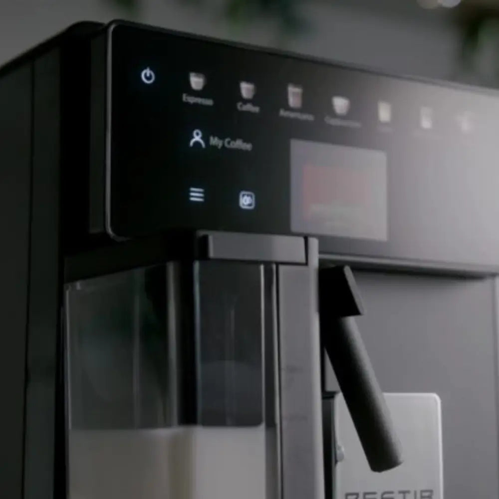 Bestir Melange coffee machine control panel with espresso and cappuccino options.