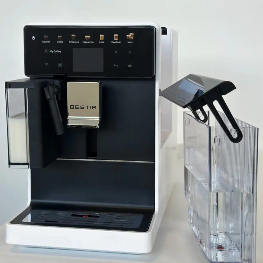 White Bestir Melange coffee machine with detached water tank beside unit.