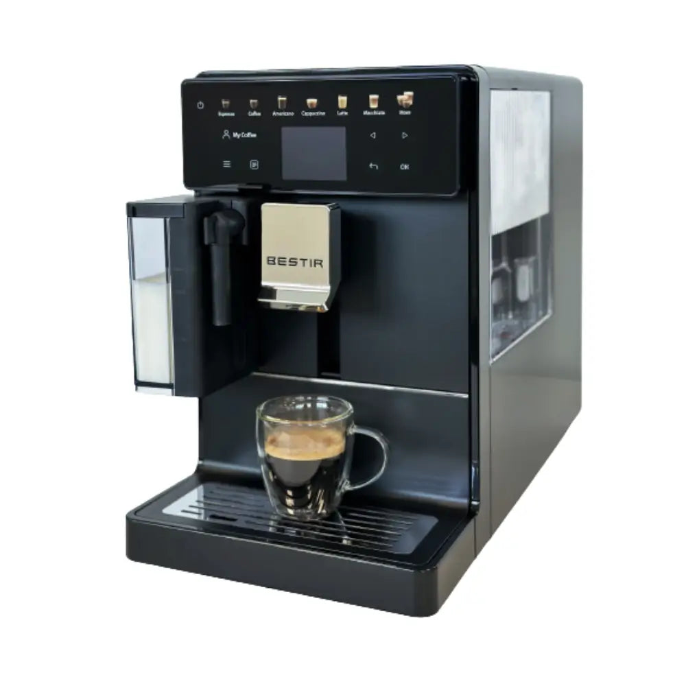 Bestir Melange bean-to-cup coffee machine with glass of espresso.