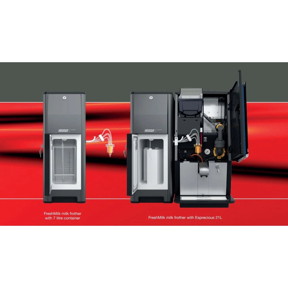 Inside view of the Bravilor FreshMilk frother and Esprecious 21L coffee machine showing milk container