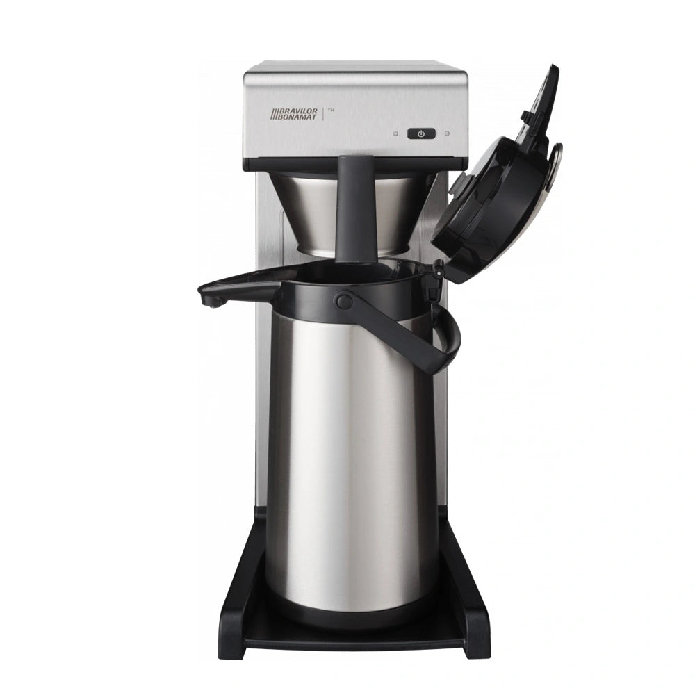 Front view of the Bravilor TH quick filter coffee machine with stainless steel airpot