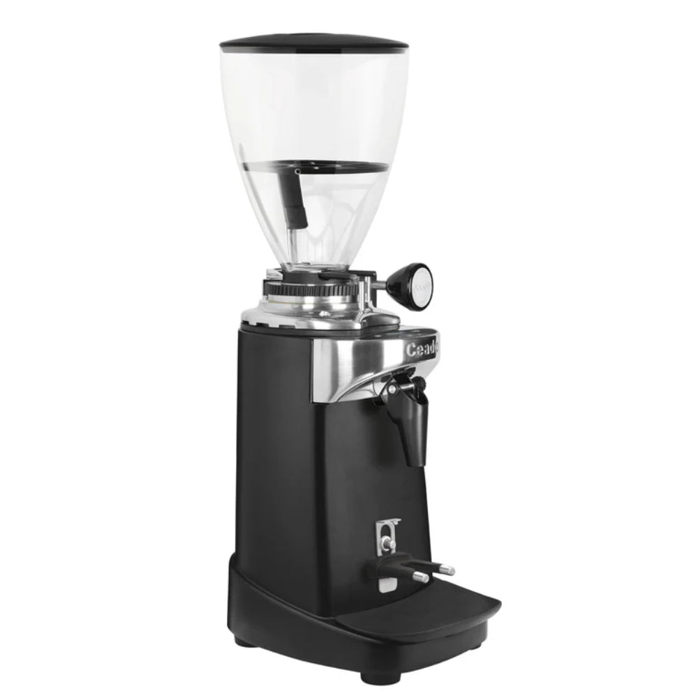 Front view of the black Ceado E37K electronic coffee grinder featuring a digital touch display and large bean hopper.