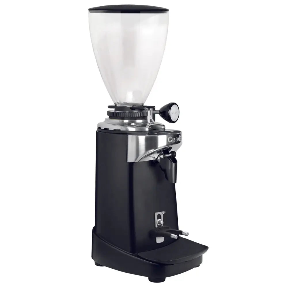 Front angled view of the black Ceado E37SL electronic coffee grinder featuring a digital touch display and large bean hopper.