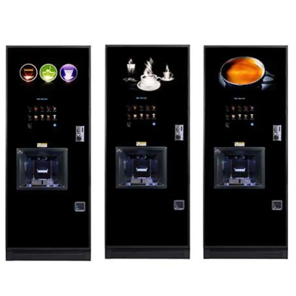 Three Coffetek Neo vending machines side-by-side demonstrating different backlit graphic display options for coffee, tea, and specialty drinks.