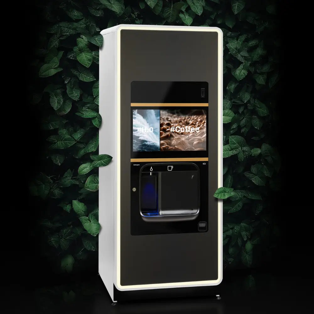Front view of the Coffetek Neo Q coffee vending machine displaying its interactive touch screen menu for both hot drinks and water.