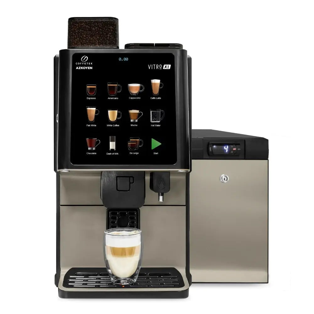 Coffetek Vitro X1 MIA espresso coffee machine front view with touchscreen and smart milk fridge