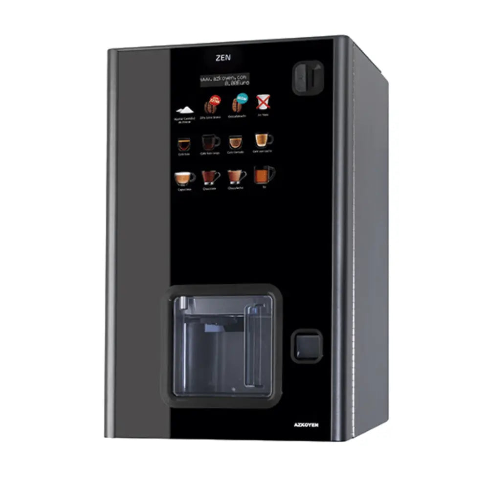 Angled view of the Coffetek Zen vending machine showing the direct selection menu icons for espresso, fresh brew tea, and chocolate.