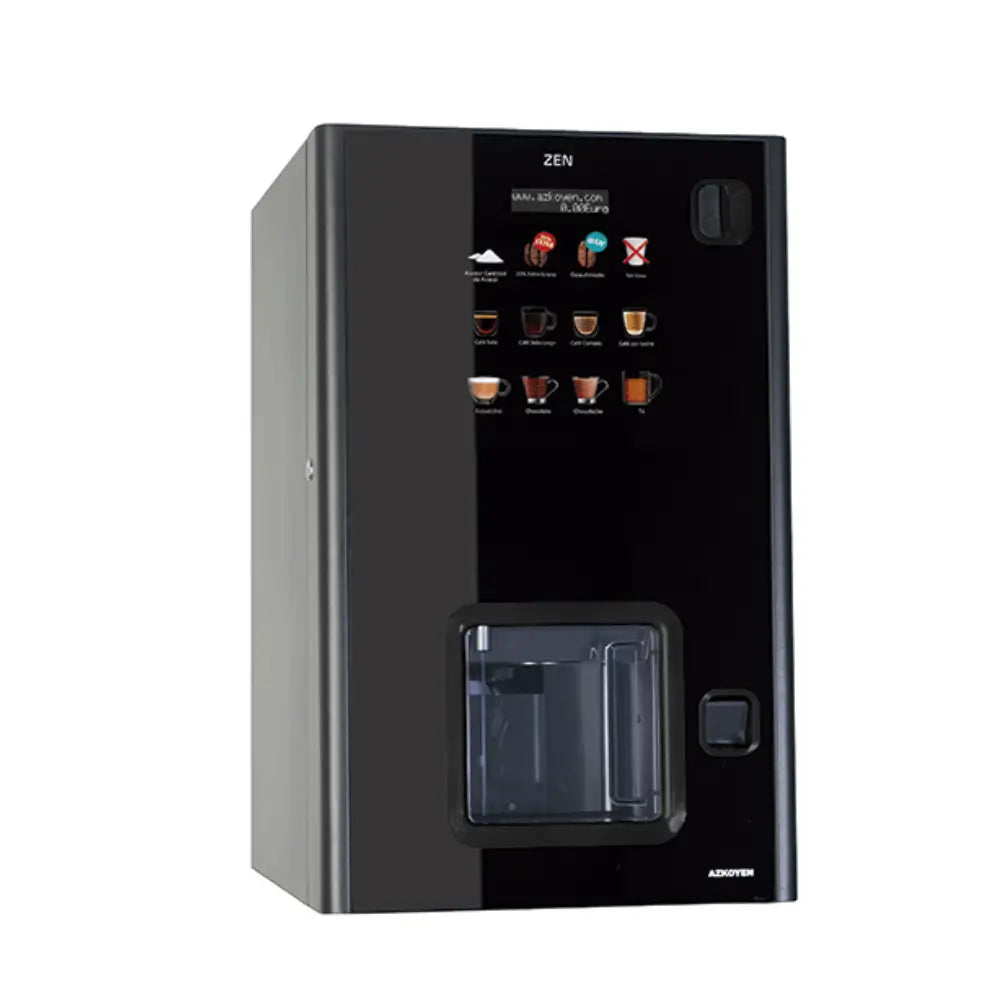 Angled view of the compact Coffetek Zen tabletop coffee machine featuring a backlit touch button interface and black glass finish.