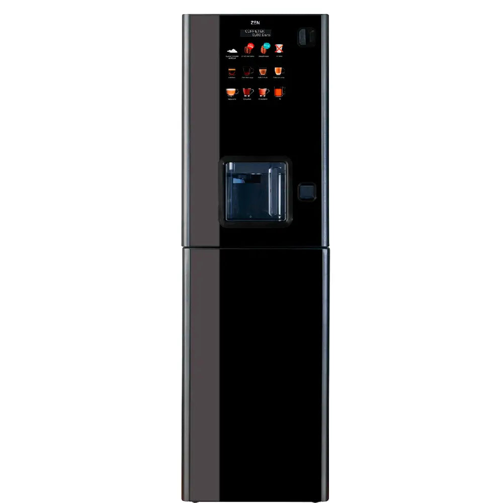 Coffetek Zen espresso and fresh leaf tea vending machine mounted on a matching black base cabinet for a complete floor-standing solution.