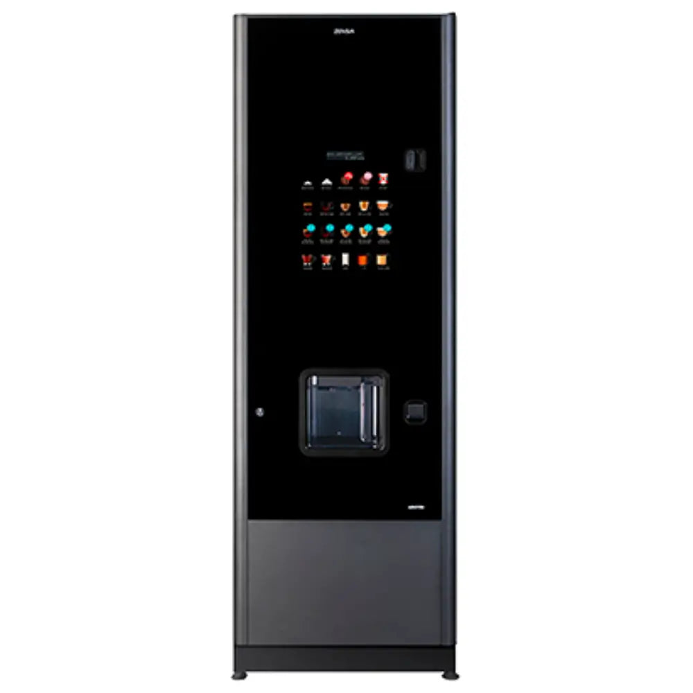 Front view of the Coffetek Zensia hot drinks vending machine featuring a sleek black glass interface and backlit drink selection menu.