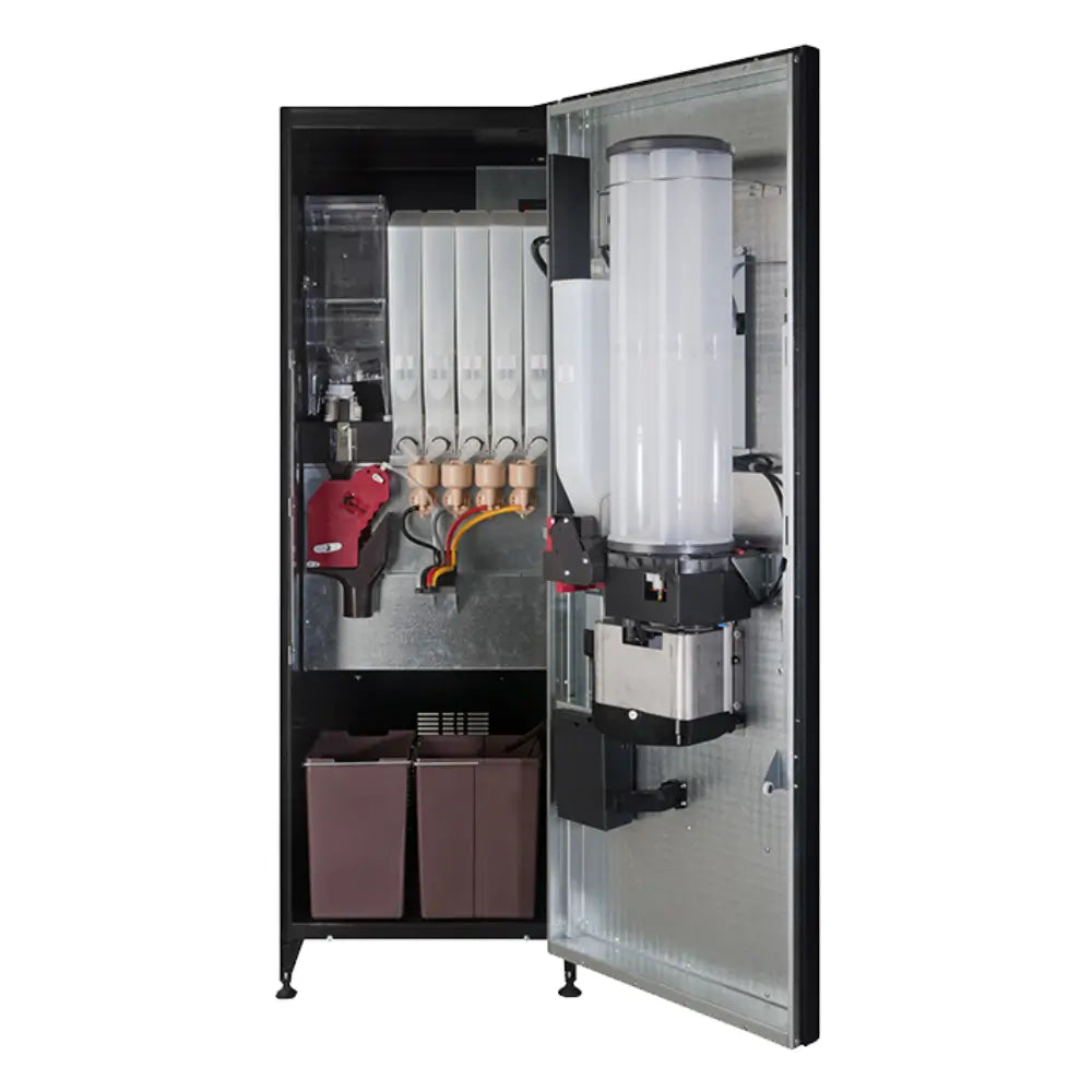 Interior view of the Coffetek Zensia showing the large capacity ingredient canisters, fresh leaf tea brewer, and automatic cup dropping mechanism.