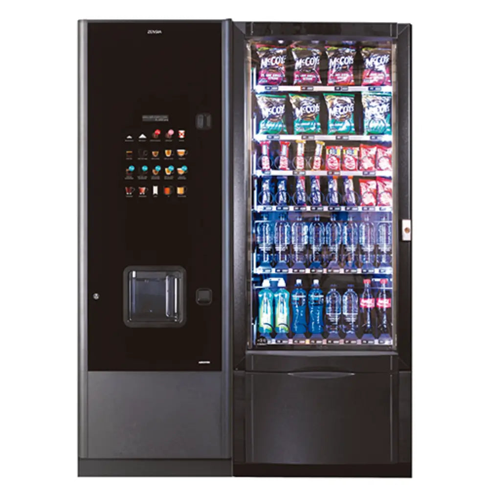 Coffetek Zensia coffee machine installed alongside a glass-front snack and cold drink vending machine for a complete refreshment bank solution.
