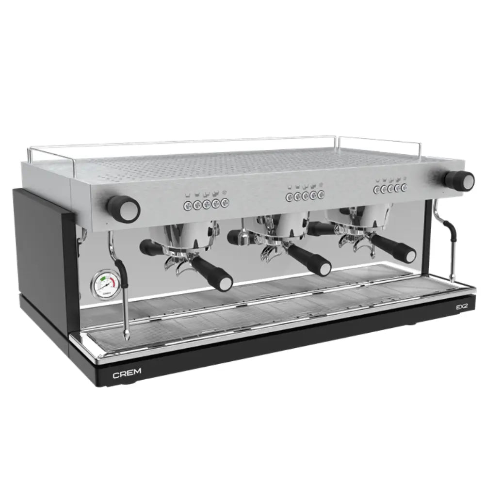 Angled front view of the CREM EX2 3-group commercial espresso machine in black and stainless steel.