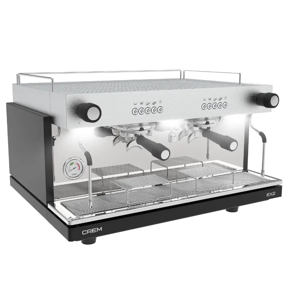 Front angled view of the CREM EX2 2 Group Control 11.5L espresso machine in Black.Black
