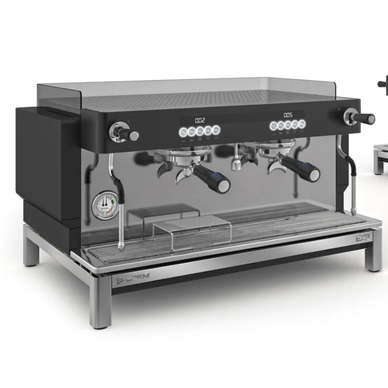 CREM EX3 2-group espresso machine with digital display and steam wands front side view