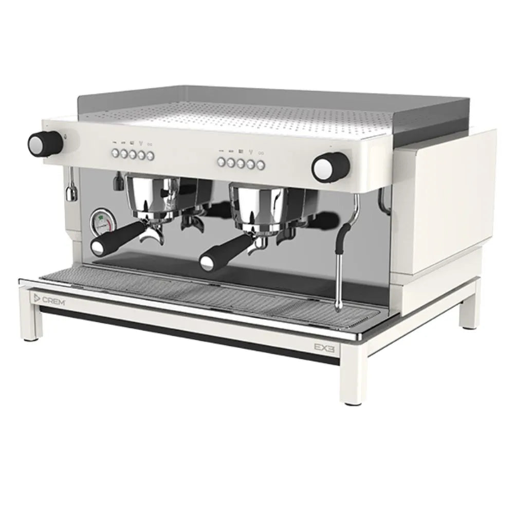 Angled view of the CREM EX3 2-Group Espresso Machine with digital display, steam wand and dual group heads