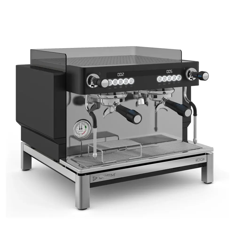 Front angled view of CREM EX3 2 group compact mini espresso machine in black with dual portafilters and steam wand